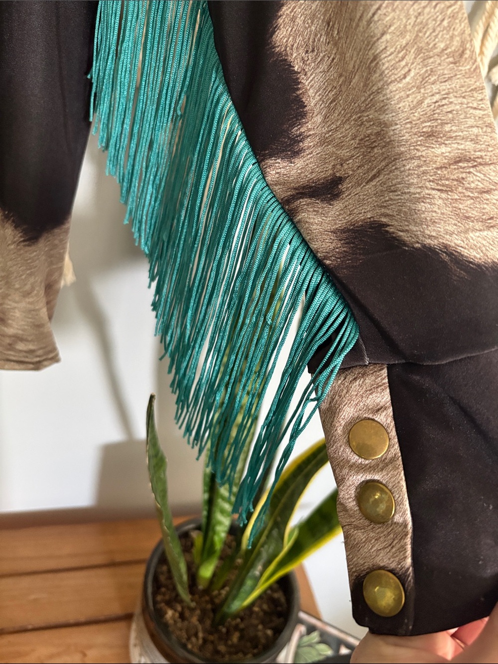 Custom Made Black & Taupe Abstract Fringe Zip Jacket with Teal Fringe - Picture 4 of 6